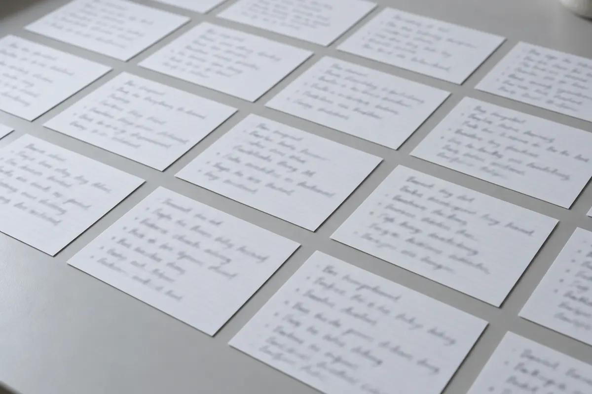 Index cards laid out in rows on a desk