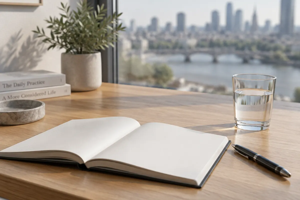 Notebook and pen on a table by a window