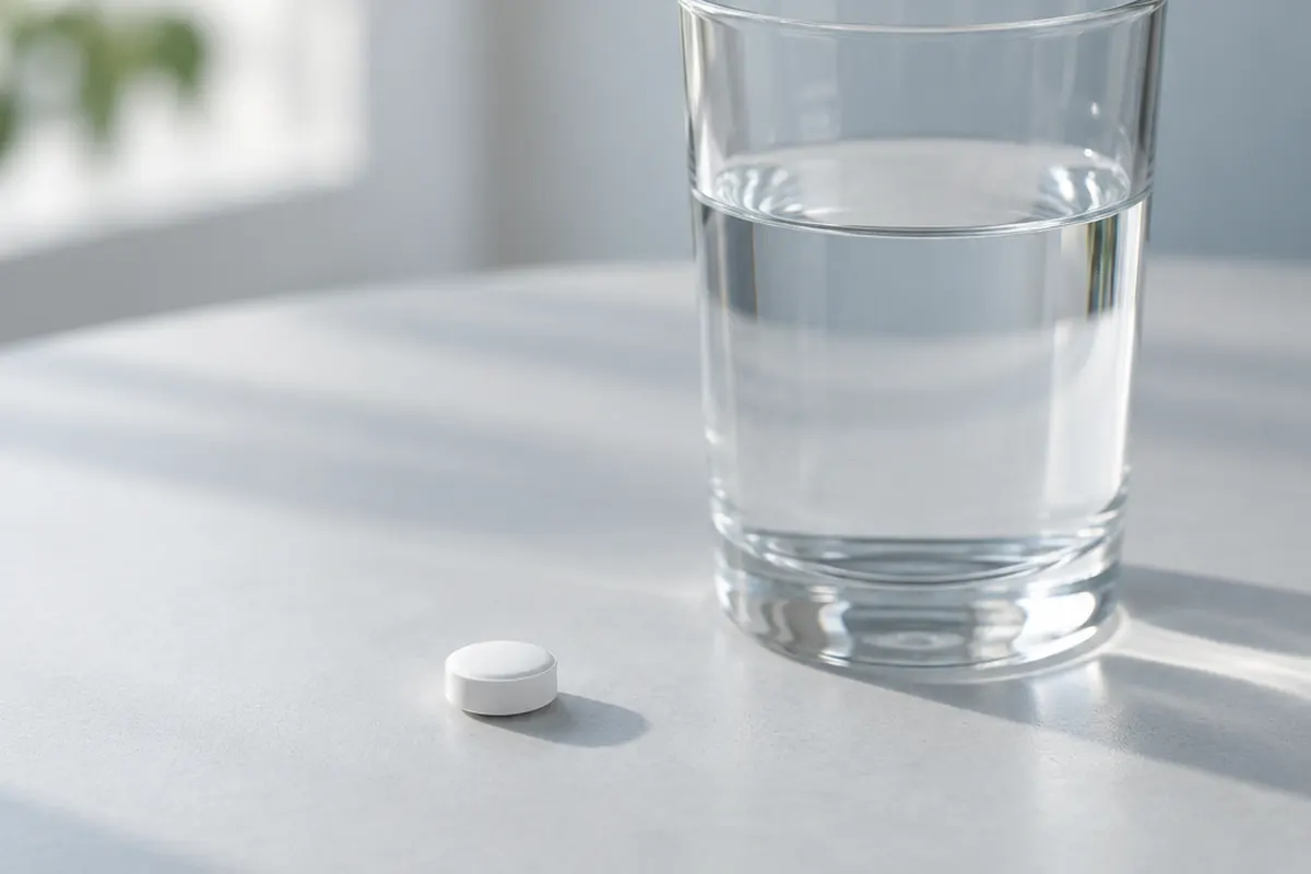 A white tablet beside a glass of water