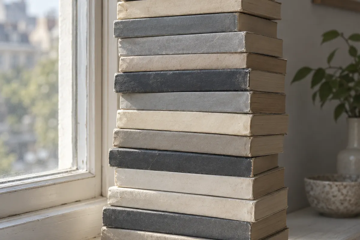 A stack of paperback books on a windowsill