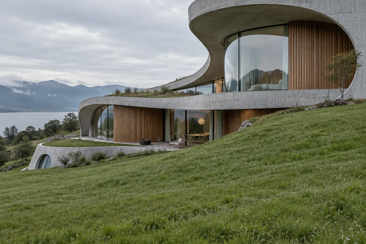 Curved sculptural building on a green hillside