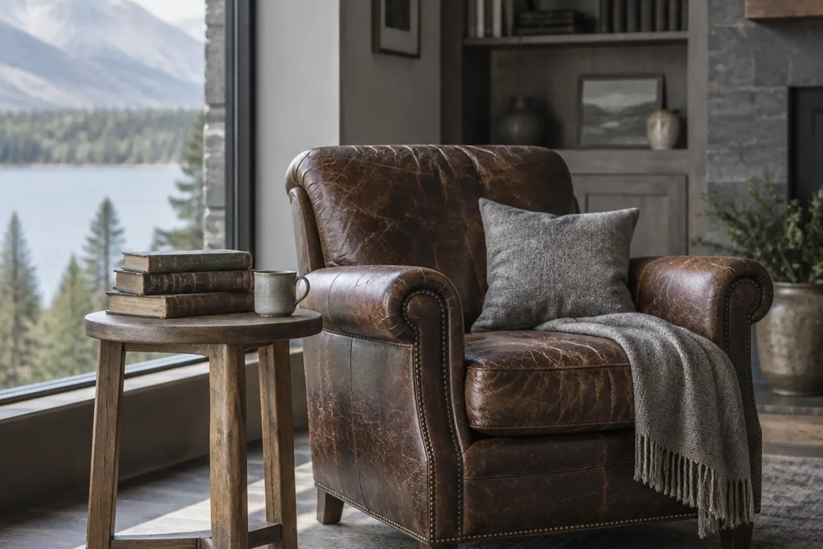 Armchair and stacked books beside a window